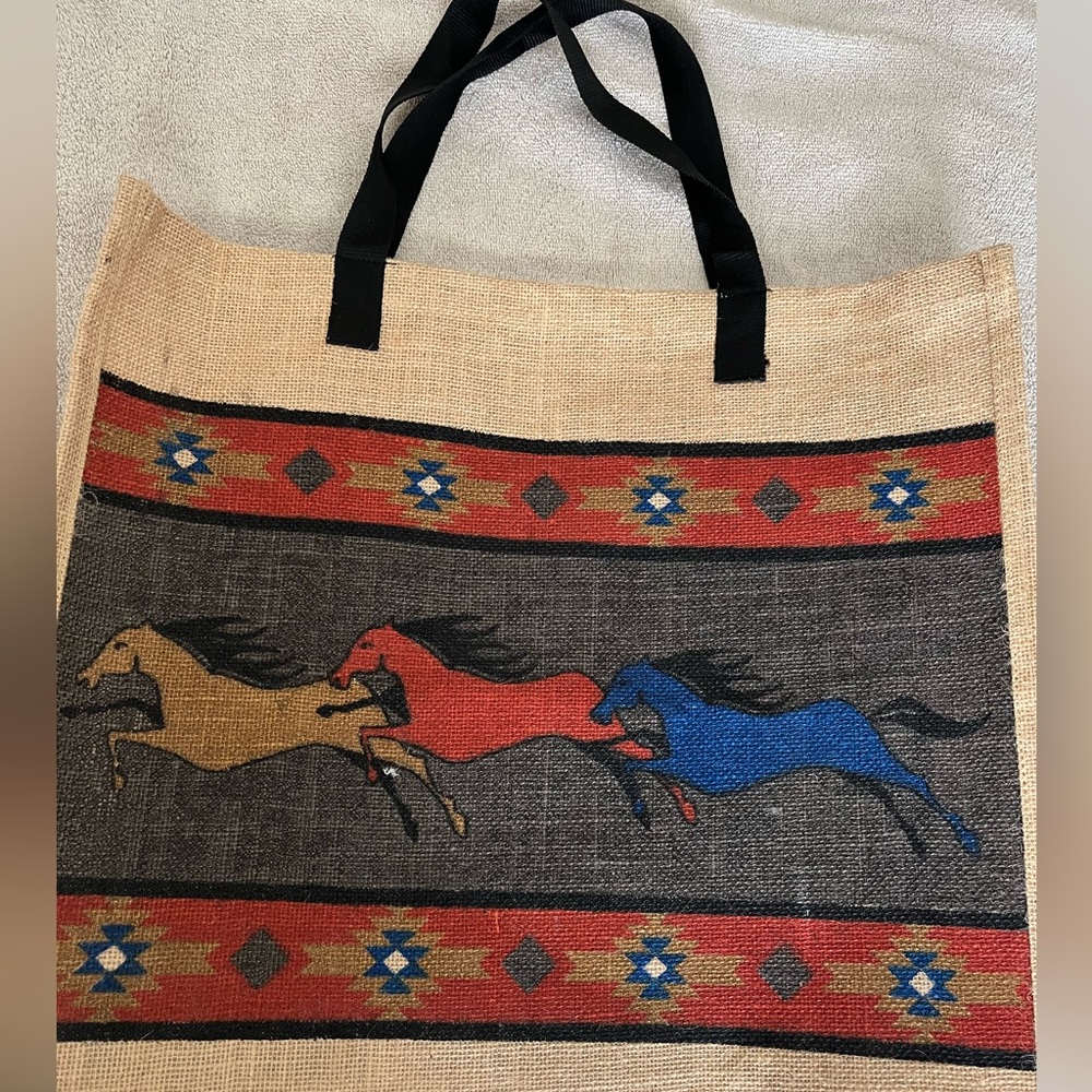 NWOT Horse Moif Womens Large Burlap Tote Bag